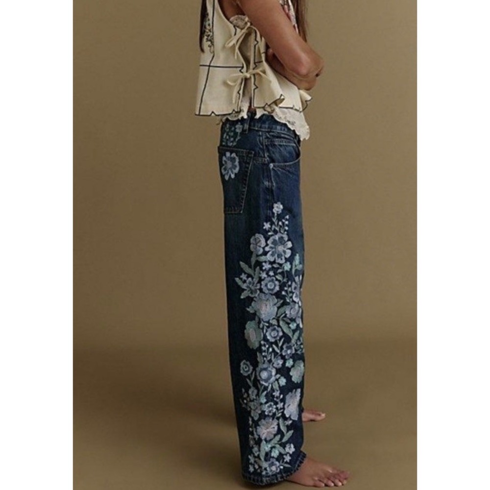 Free People Willow Floral Embroidered Jeans Forget Me Not Wash Sz 24 (27x26)